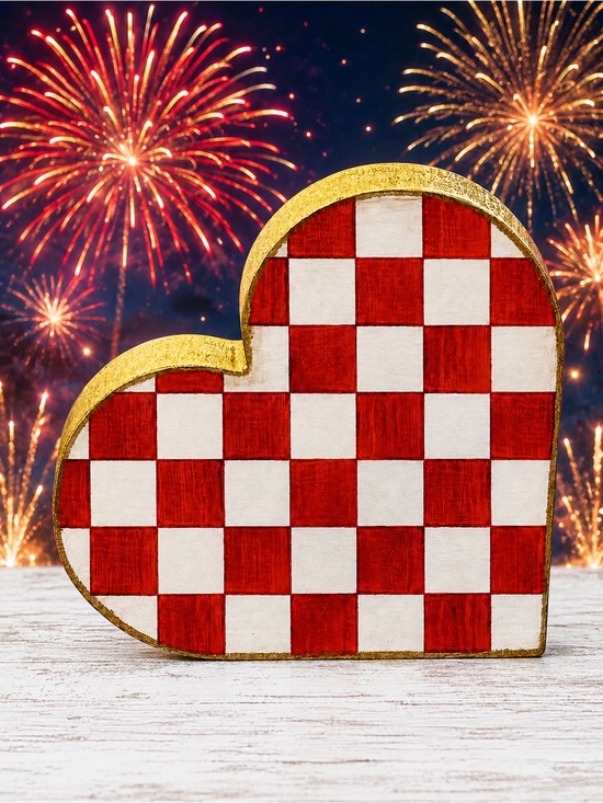 Hand Crafted Other - Cherry Check Wood Heart Red 7”